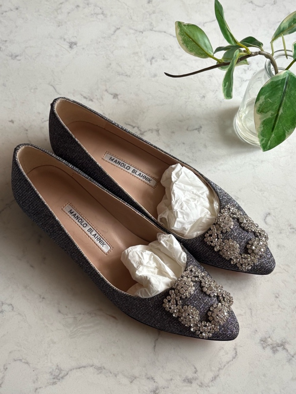 Manolo Blahnik Sparkle Embellished Pointed Flats in Charcoal Glitter 37